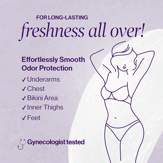 For long-lasting freshness all over! Effortlessly smooth odor protection in: underarms, chest, bikini area, inner thighs, feet. Gynecologist tested.