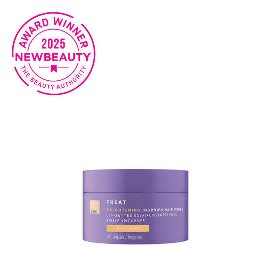 EWC TREAT Brightening Ingrown Hair Wipes with '2025 NewBeauty Award Winner' badge.