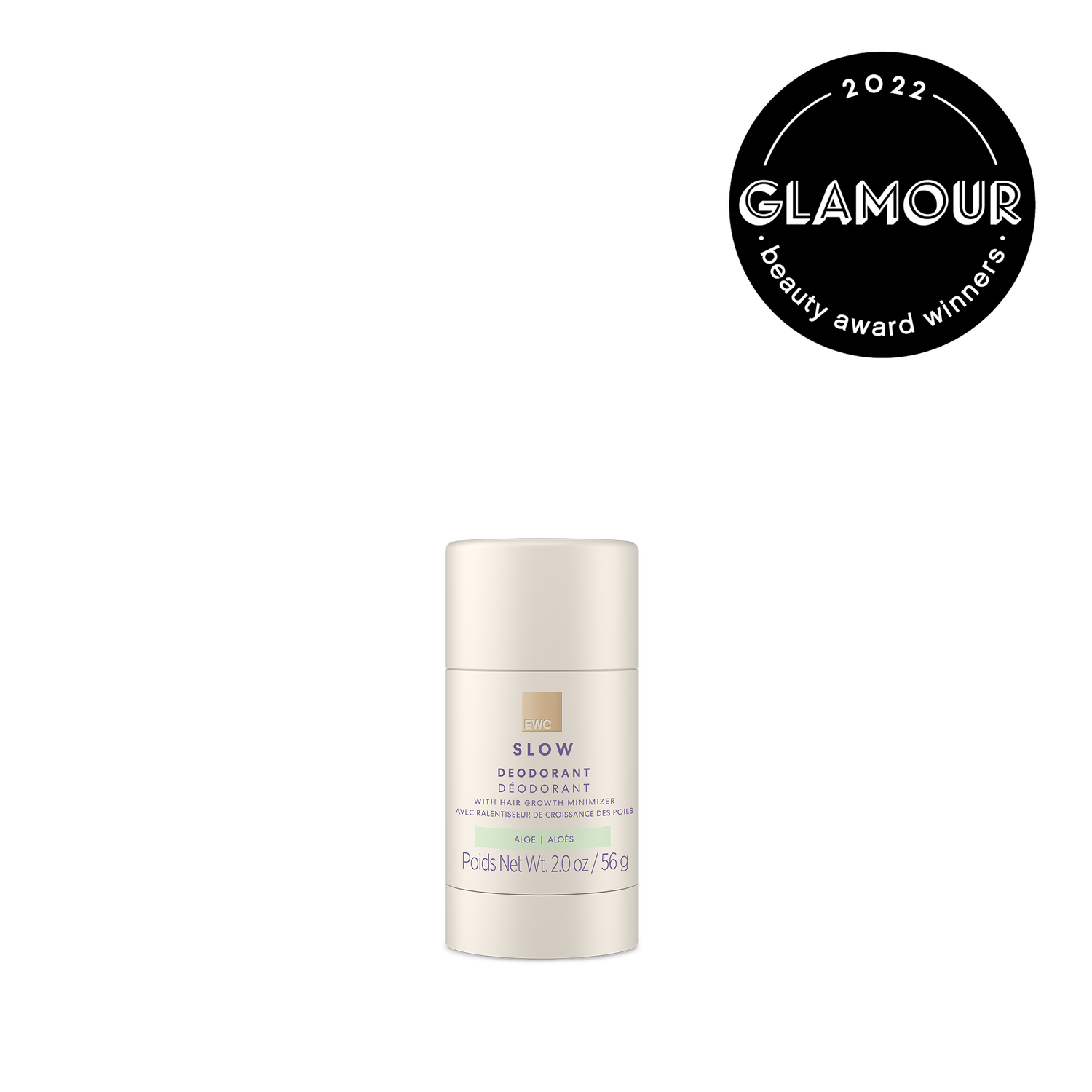 EWC SLOW Aloe Deodorant (2.0 oz) with 2022 Glamour beauty awards winner badge.