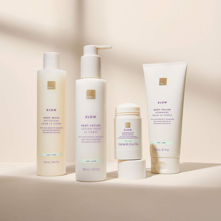 EWC SLOW Aloe product line (body wash, lotion, deodorant and body polish).