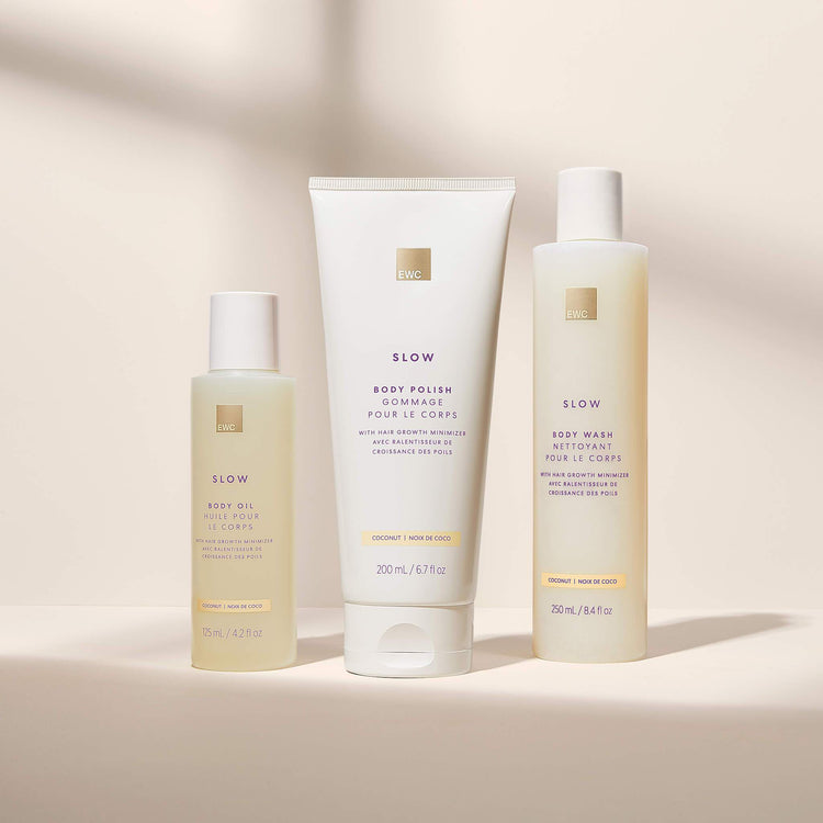 EWC SLOW Coconut Collection, showing body oil, body polish and body wash.