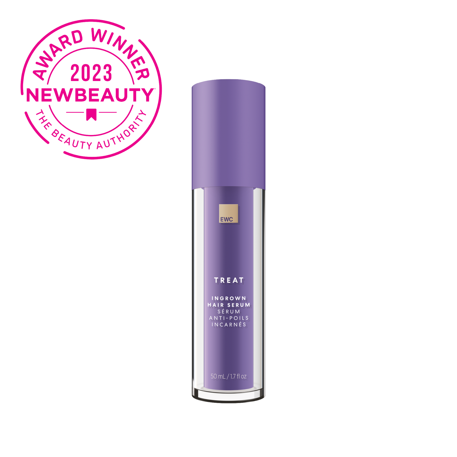 EWC TREAT Ingrown Hair Serum bottle (50mL) with 'Award Winner 2023 New Beauty' badge.