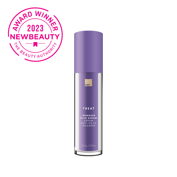 EWC TREAT Ingrown Hair Serum bottle (50mL) with 'Award Winner 2023 New Beauty' badge.