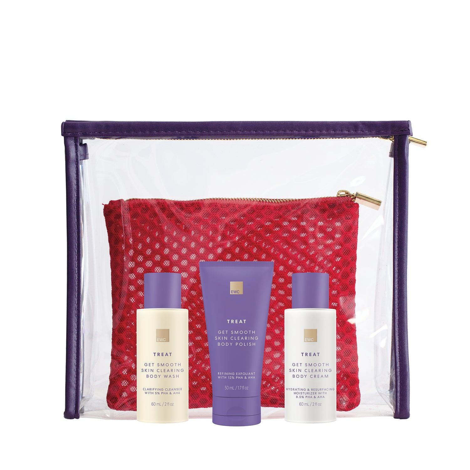 EWC TREAT Get Smooth Travel Kit Products (body wash, polish and cream) depicted in front of 2 travel pouches.