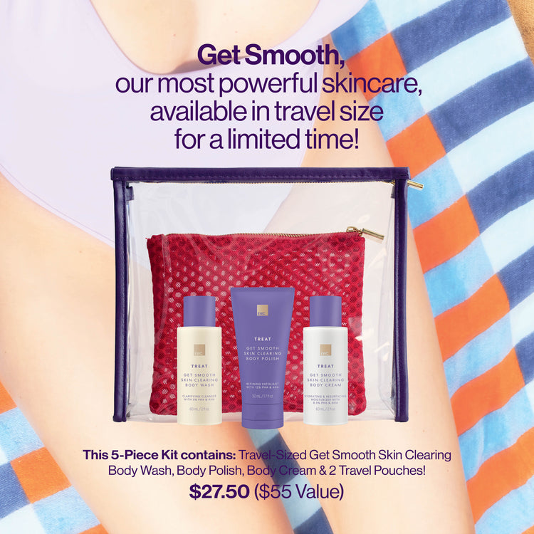 The limited edition Get Smooth Travel Kit, resting on top of a woman sitting on a beach towel.