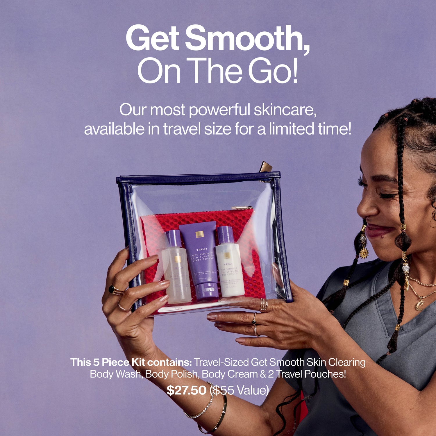 A wax specialist holding the limited edition EWC TREAT Get Smooth Travel 5 Piece Kit.