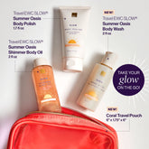 Summer Oasis collection featuring Body Polish, Shimmer Body Oil, and Body Wash, and a coral travel pouch.