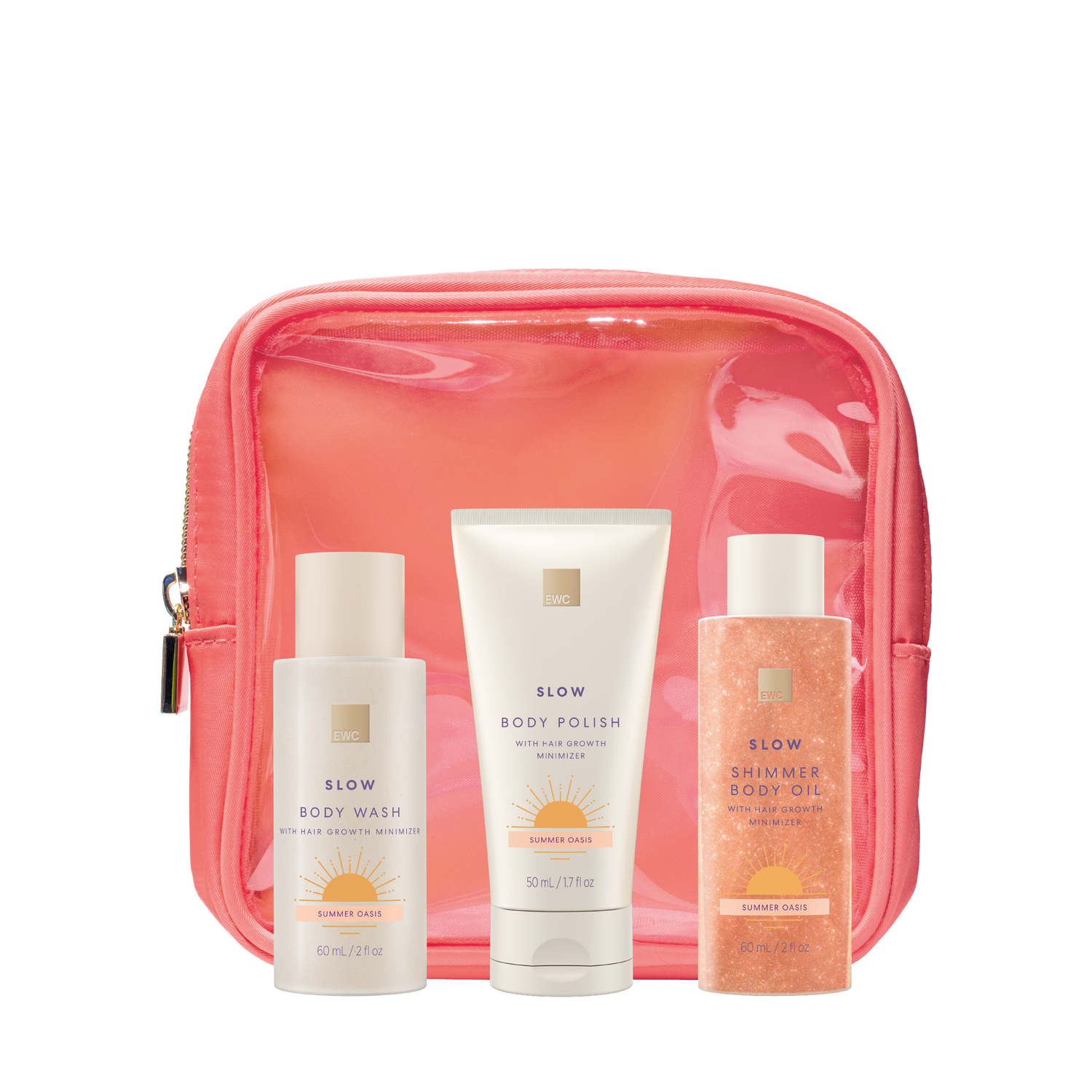 4 Piece Summer Oasis Travel Kit, EWC SLOW travel size products (body wash, body polish and shimmer body oil) arranged in front of a coral pouch.